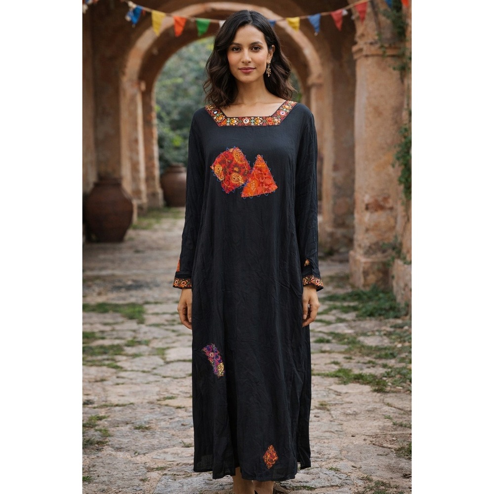 Sacred Threads Maxi Dress Womens S/M Squareneck Patchwork Witchy Goth Long Sleev
